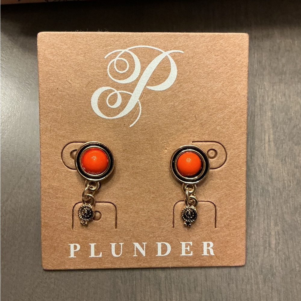 Plunder Bright Orange Gold-Accent Drop Stud Earrings NEW IN BOX